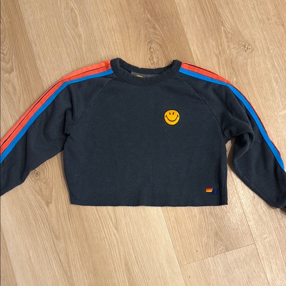 Black Cropped Sweatshirt with Smiley Face and Stripes